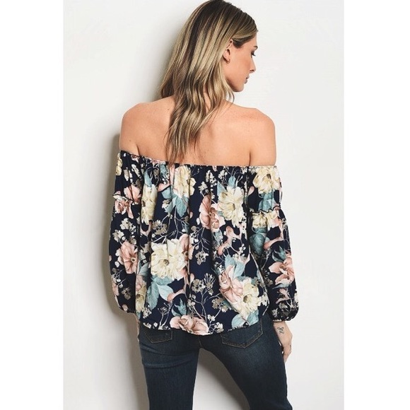 Navy & Peach Floral Spring Off Shoulder Blouse NEW - Picture 4 of 4